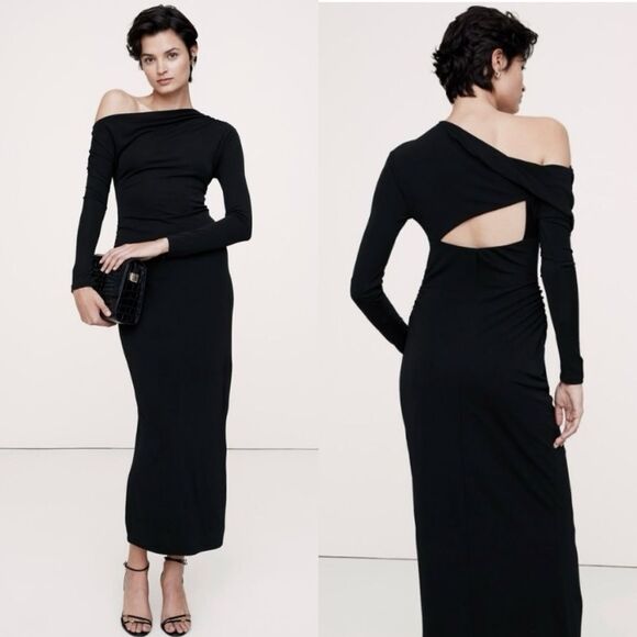 NWT Banana Republic Jersey Maxi Black Dress Asymmetrical Knit Draped Size XXS - Picture 1 of 5